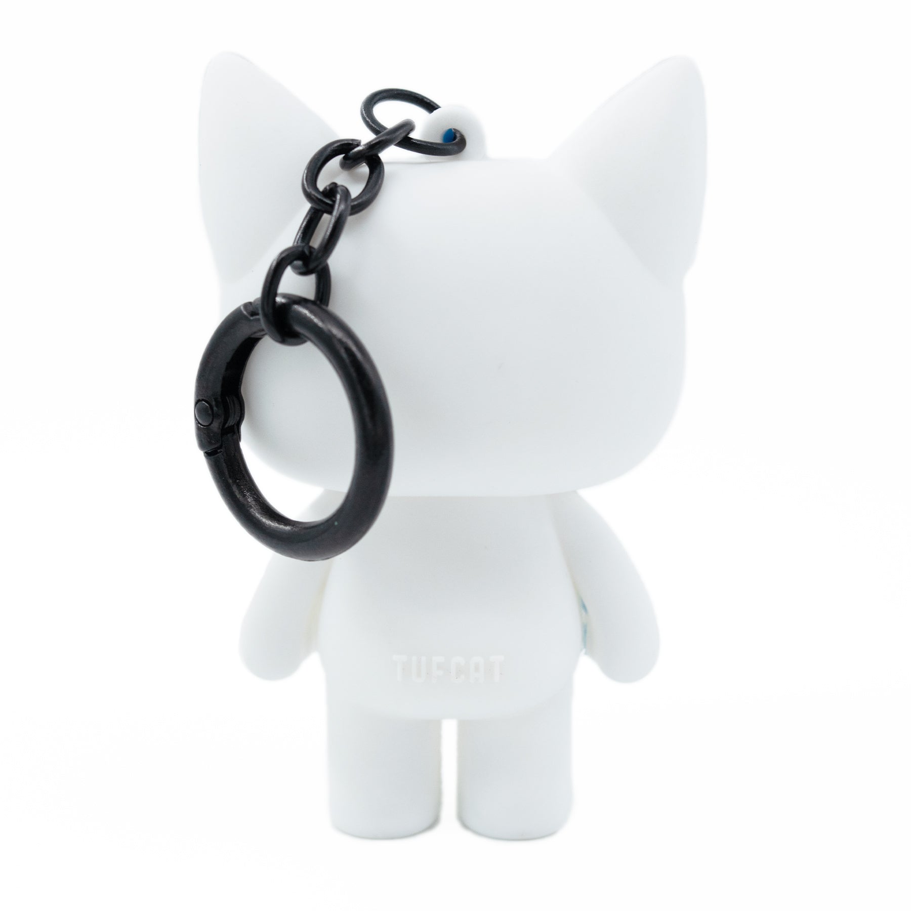 White cat bag charm keychain featuring James meme cat from TUFCAT Pocket Paws back view