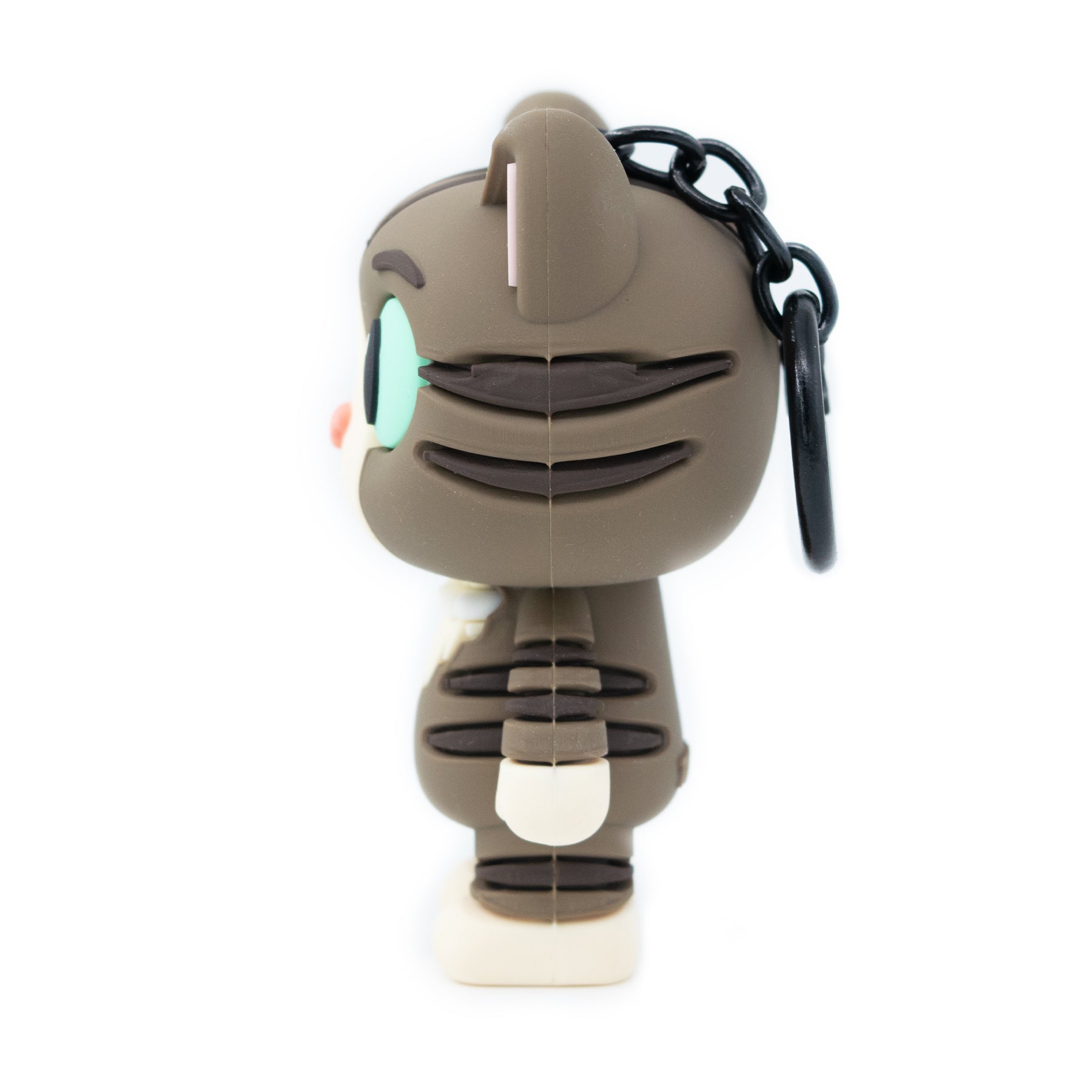 Cat bag charm keychain featuring Winky cat from TUFCAT Pocket Paws side view