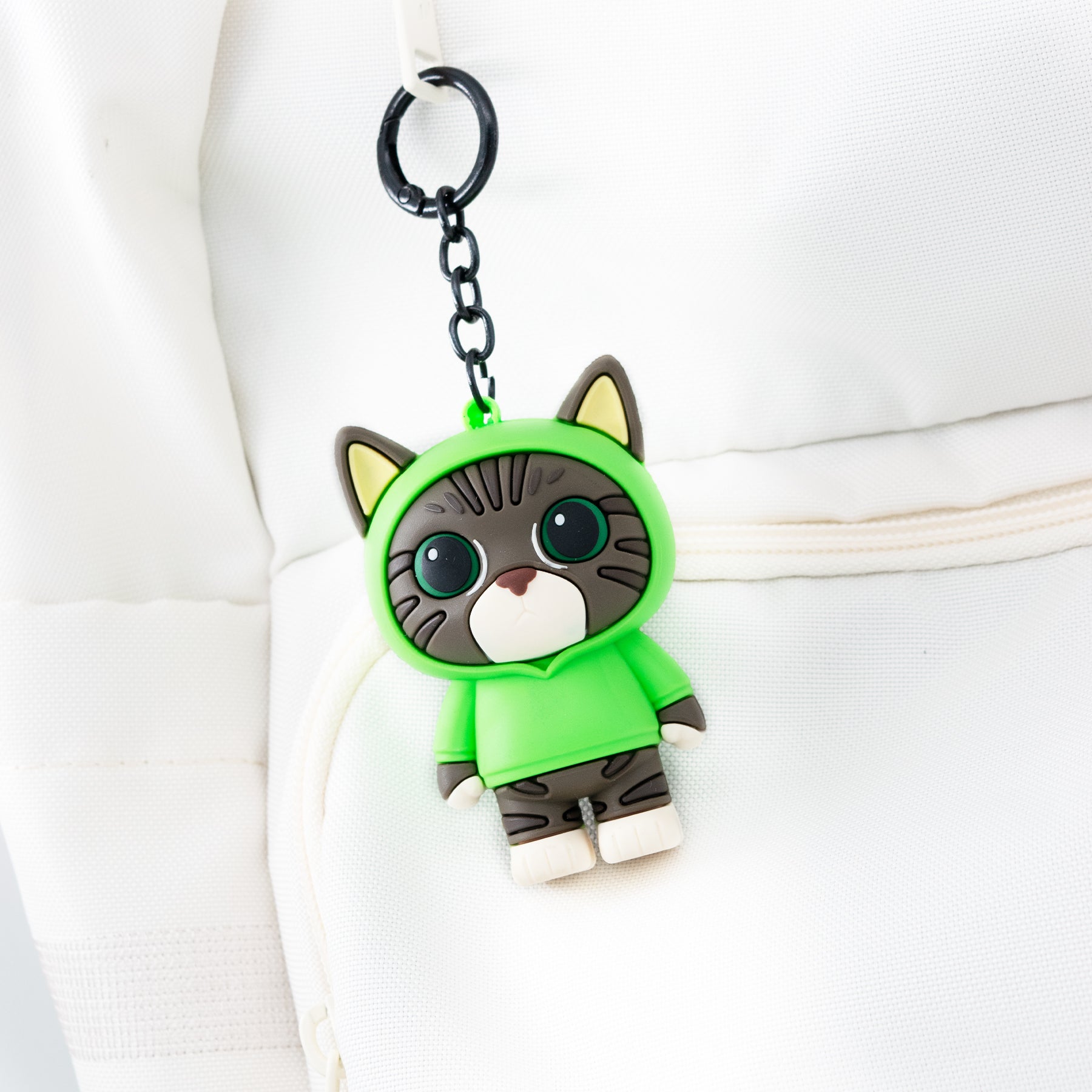 Cat-shaped keychain OIIA spinning cat meme collectible on a backpack