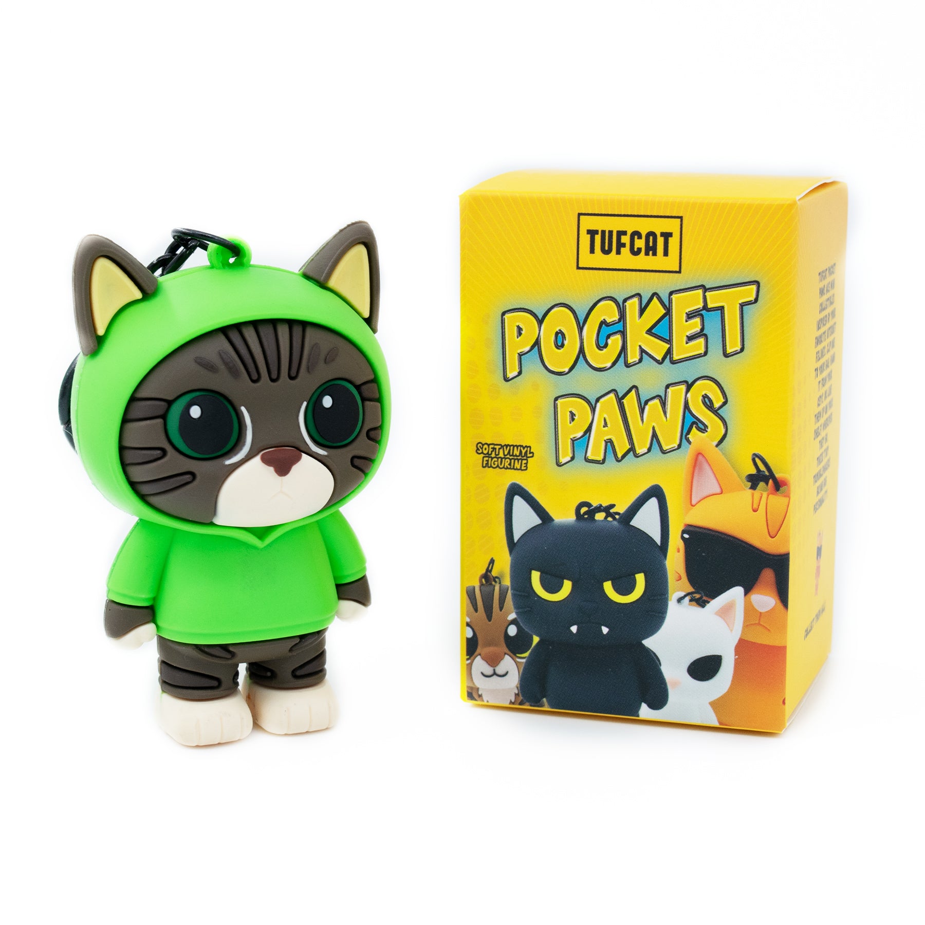 Cat charm bag charm featuring OIIA spinning cat meme from TUFCAT Pocket Paws with box